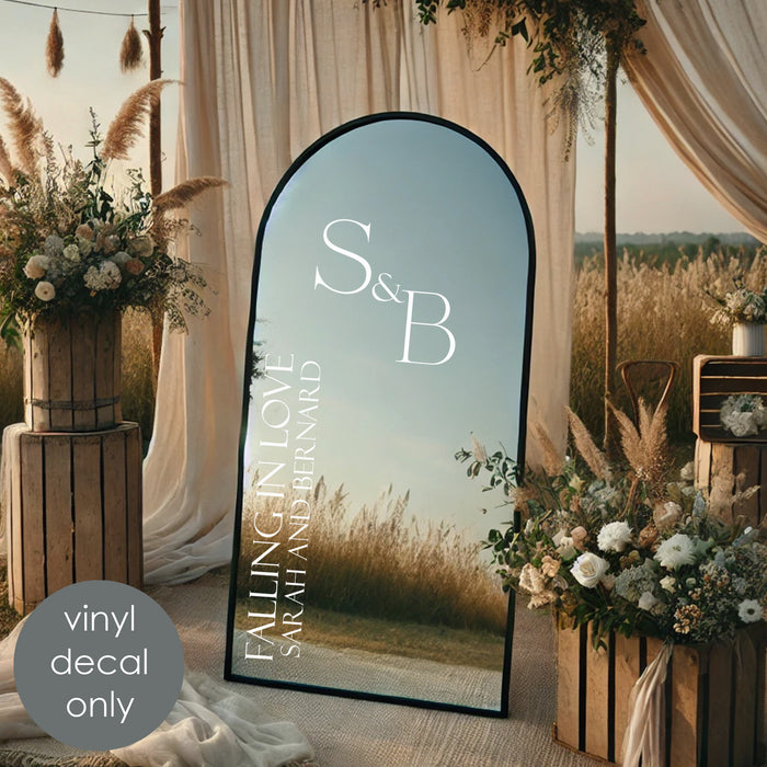 Custom wedding vinyl decal with initials and text on mirror welcome sign for ceremony decoration