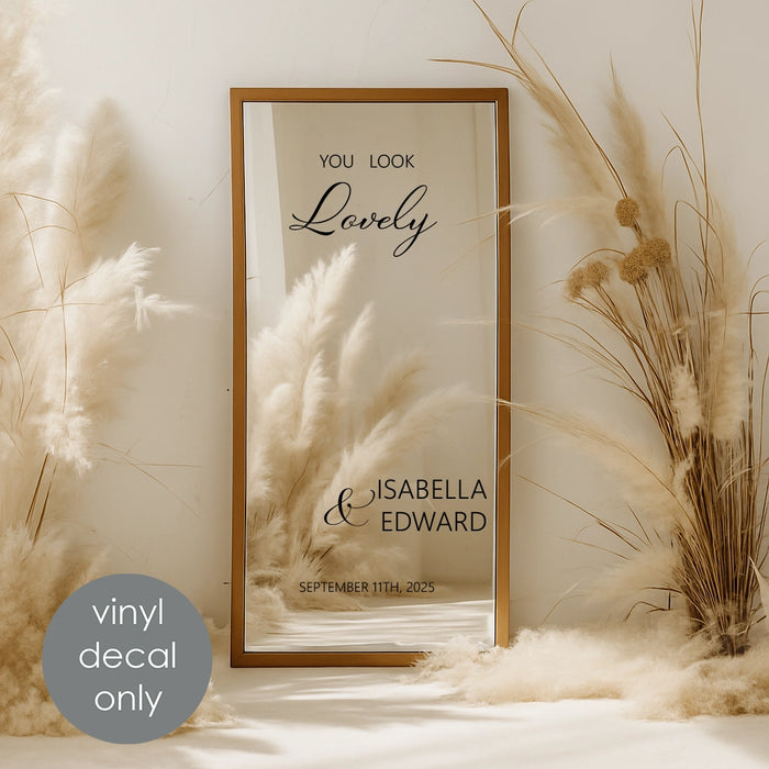 Custom wedding mirror vinyl decal “You Look Lovely” with names and date for romantic ceremony decoration