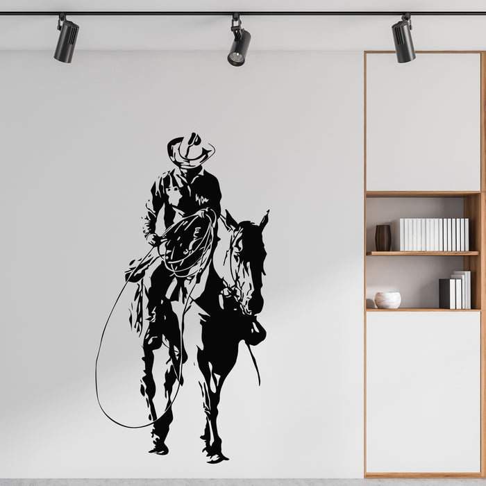 Vinyl Wall Decal Cowboy Silhouette With Horse Western Movie Stickers Mural (g9427)