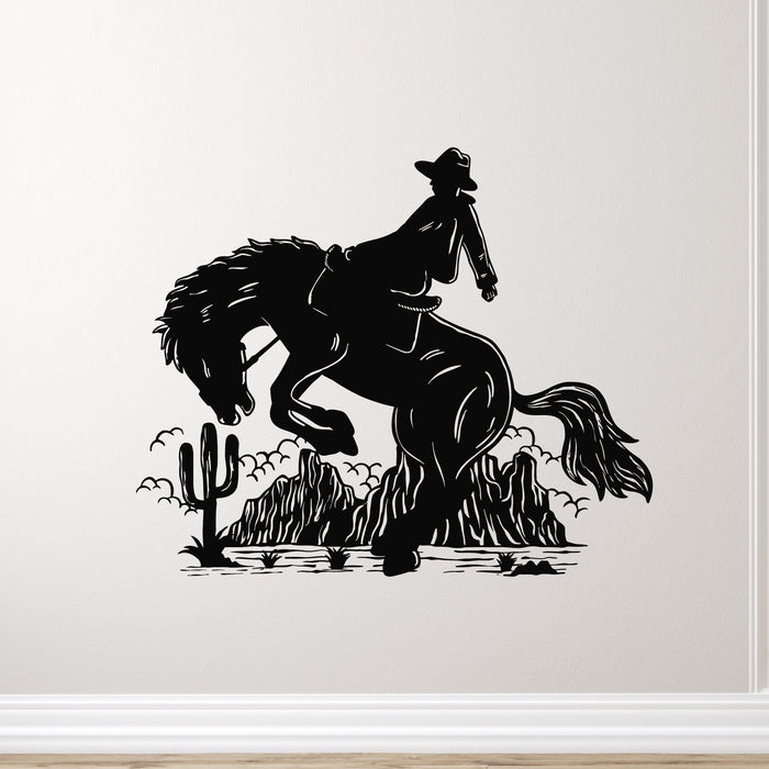 Vinyl Wall Decal Rodeo Cowboy Riding Horse Stallion Western Style Stickers Mural (g9874)