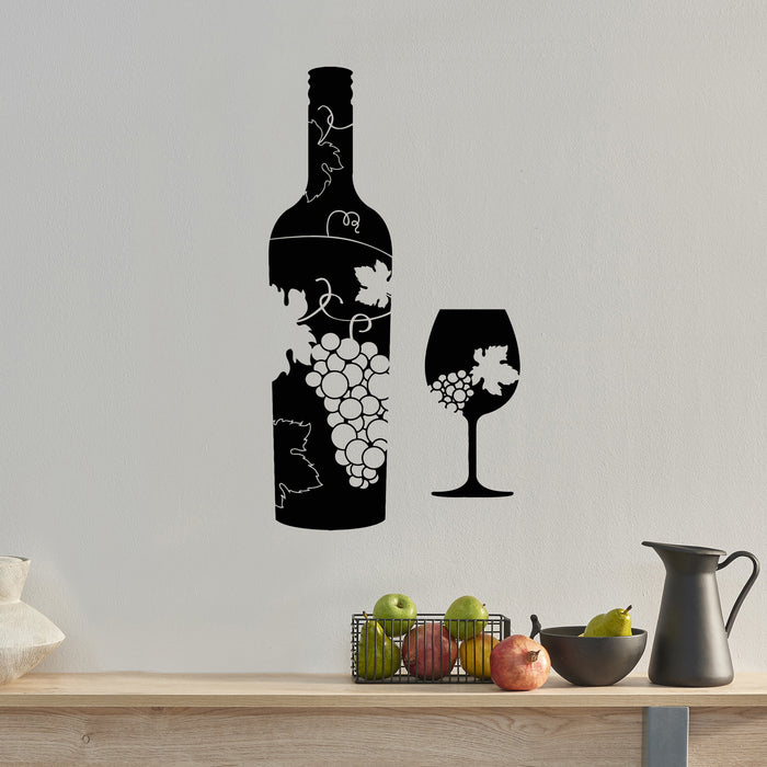 Vinyl Wall Decal Wine Bottle Glass Grapes Bar Alcohol Stickers Mural Unique Gift (ig4173)
