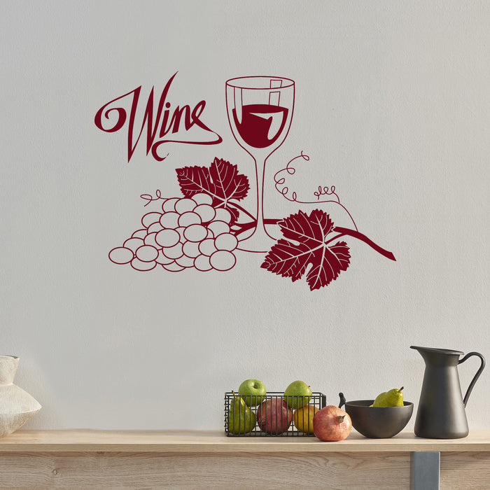 Vinyl Decal Wine Grapes Glass Alcohol Drink Bar Kitchen Wall Stickers Unique Gift (ig2759)