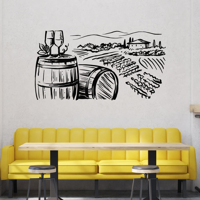 Vinyl Wall Decal Wine Barrel Sketch Vineyard Wine Shop Decor Stickers Mural (g9490)