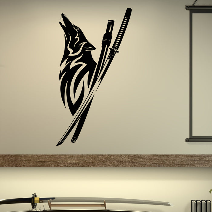 Vinyl Wall Decal Japanese Samurai Katana Sword With Wolf Howls Stickers Mural (g8961)