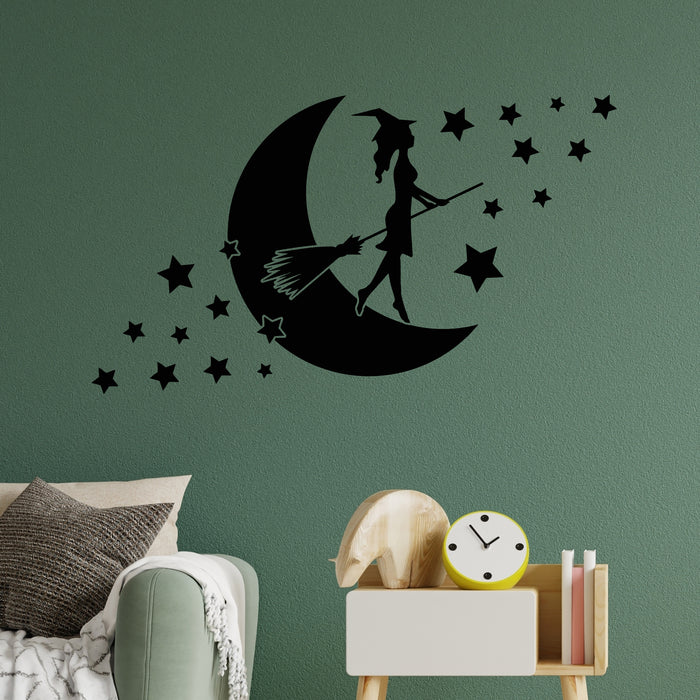 Vinyl Wall Decal Witch Silhouette Moon And Stars Broom Dreamstime Stickers Mural (g8882)