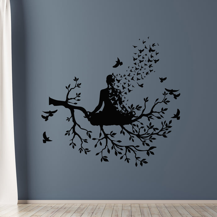 Vinyl Wall Decal Yoga Meditation Tree Bird Patterns Tree Life Stickers Mural (L094)