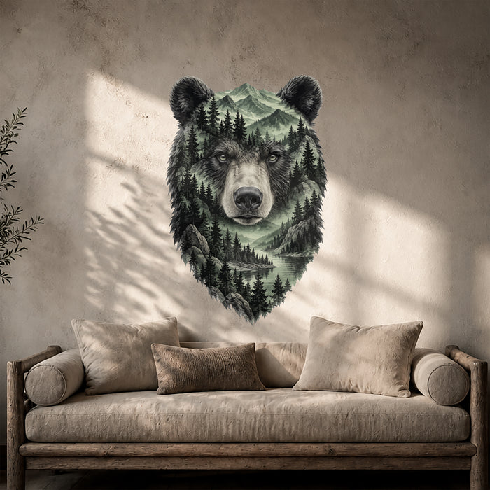 Woodland bear head wall decal with mountain and lake scenery above a sofa