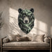 Woodland bear head wall decal with mountain and lake scenery above a sofa