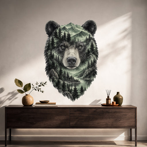 Bear face vinyl wall decal with green forest, mountains and lake above a wooden console