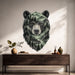 Bear face vinyl wall decal with green forest, mountains and lake above a wooden console