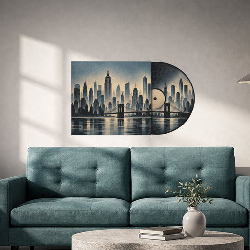 Blue New York skyline and vinyl record wall decal in an interior