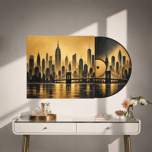 Gold New York skyline and vinyl record wall decal in an interior