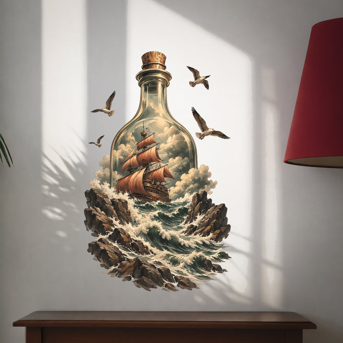 Colorful Ship in a Bottle Birds Waves Decal az5916