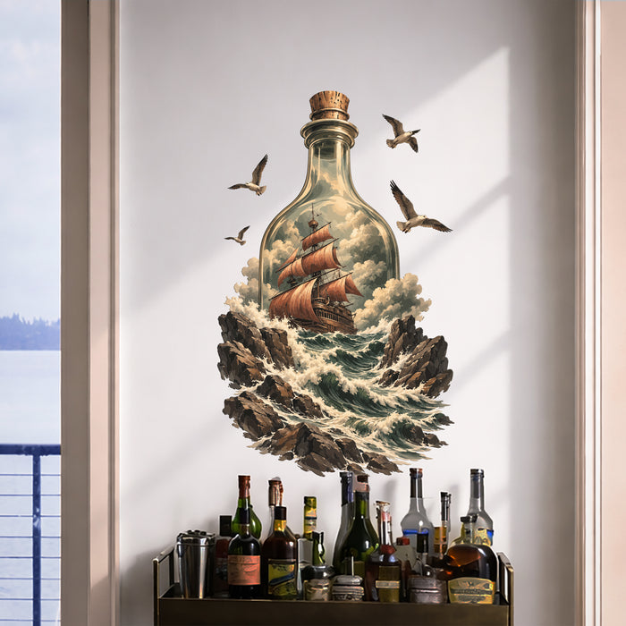 Colorful Ship in a Bottle Birds Waves Decal az5916