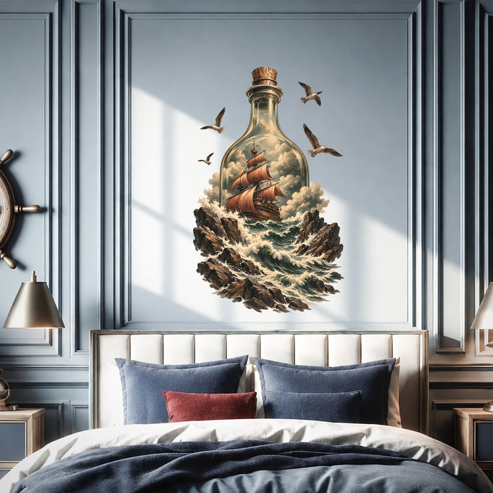 Sailing ship in a bottle with ocean waves and seabirds wall decal in an interior