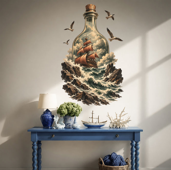 Sailing ship in a bottle with ocean waves and seabirds wall decal in an interior