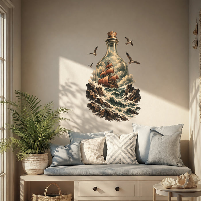 Sailing ship in a bottle with ocean waves and seabirds wall decal in an interior