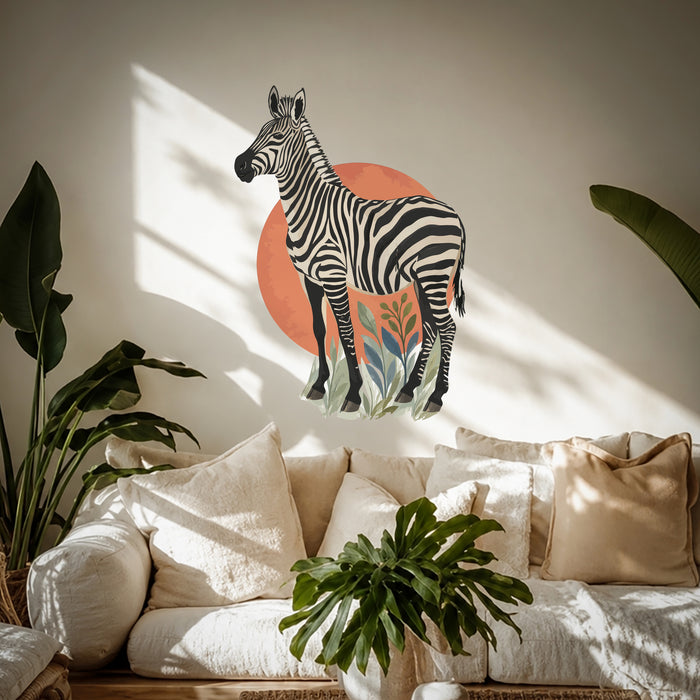 Zebra with botanical leaves and terracotta circle wall decal in an interior