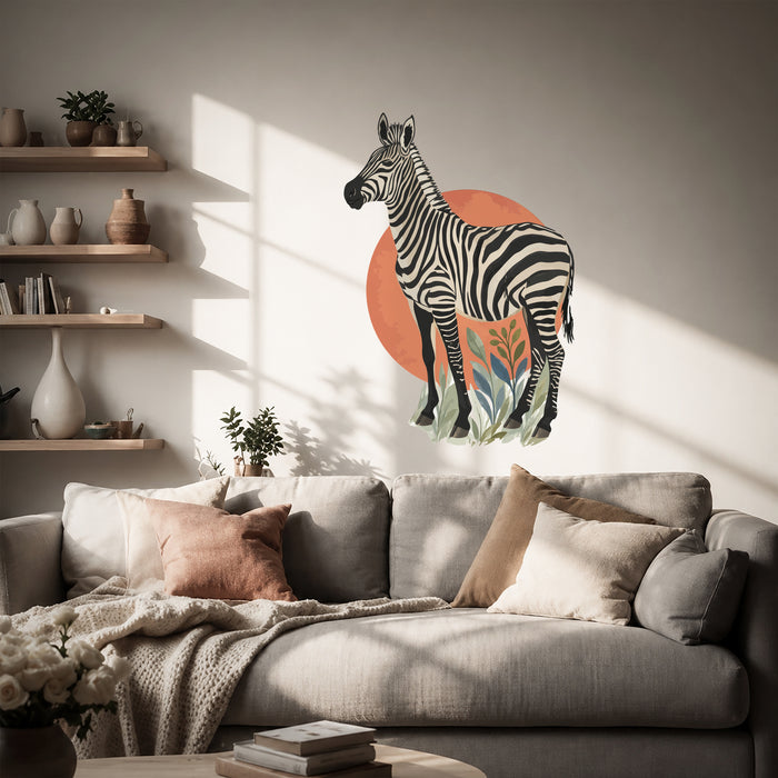 Zebra with botanical leaves and terracotta circle wall decal in an interior
