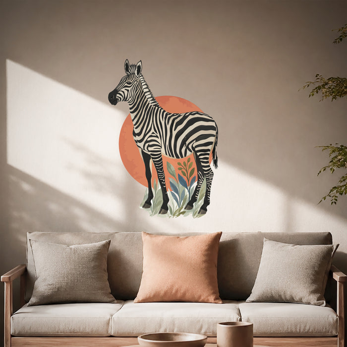 Zebra with botanical leaves and terracotta circle wall decal in an interior