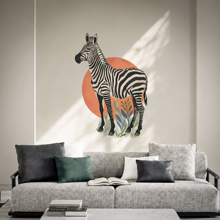 Zebra with botanical leaves and terracotta circle wall decal in an interior