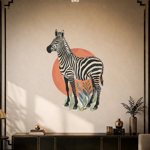 Zebra with botanical leaves and terracotta circle wall decal in an interior