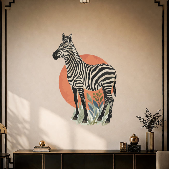 Zebra with botanical leaves and terracotta circle wall decal in an interior