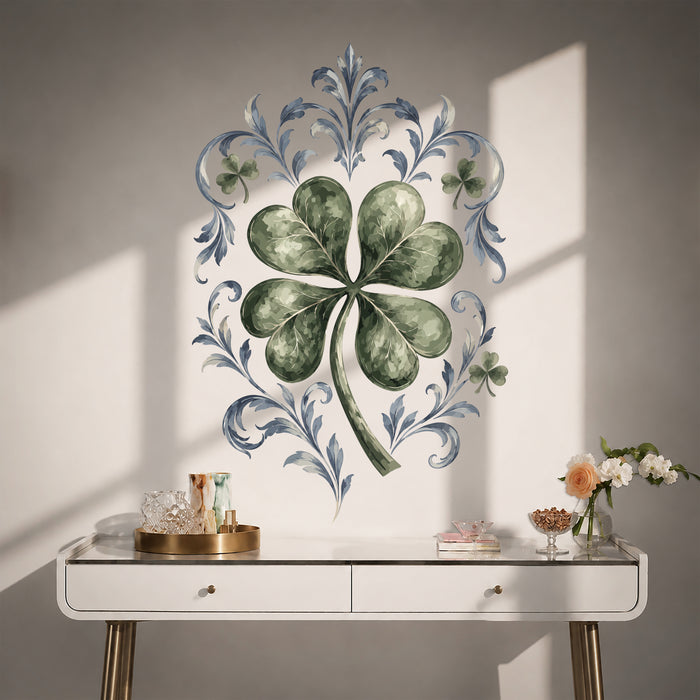 Green four-leaf clover with blue botanical scrollwork wall decal in an interior