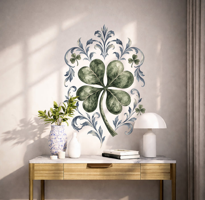 Green four-leaf clover with blue botanical scrollwork wall decal in an interior
