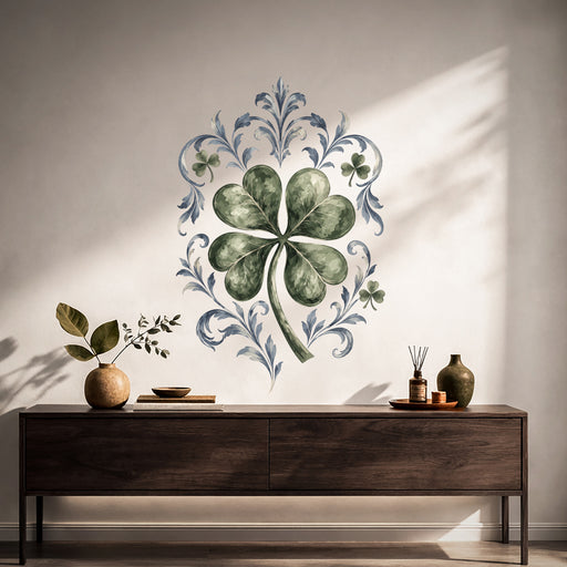 Green four-leaf clover with blue botanical scrollwork wall decal in an interior
