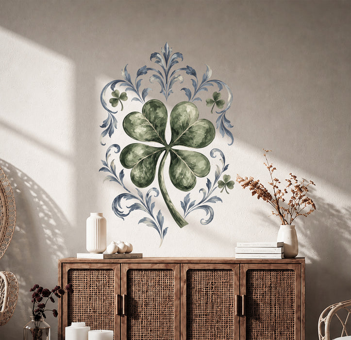Green four-leaf clover with blue botanical scrollwork wall decal in an interior