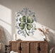 Green four-leaf clover with blue botanical scrollwork wall decal in an interior