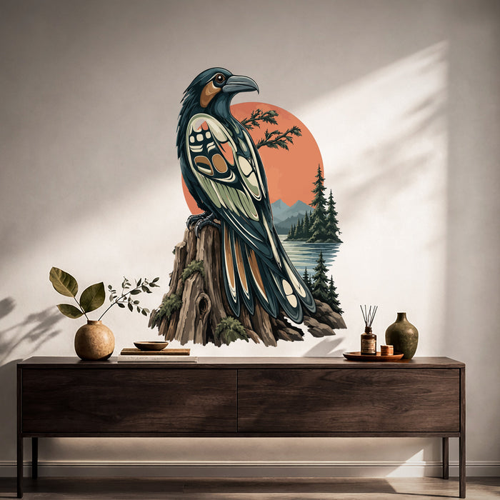Raven and evergreen forest wall decal shown in a japandi hall 01 room interior.