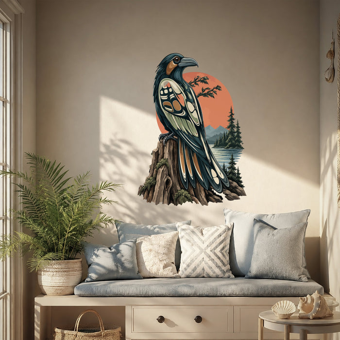 Raven and evergreen forest wall decal shown in a coastal 04 room interior.