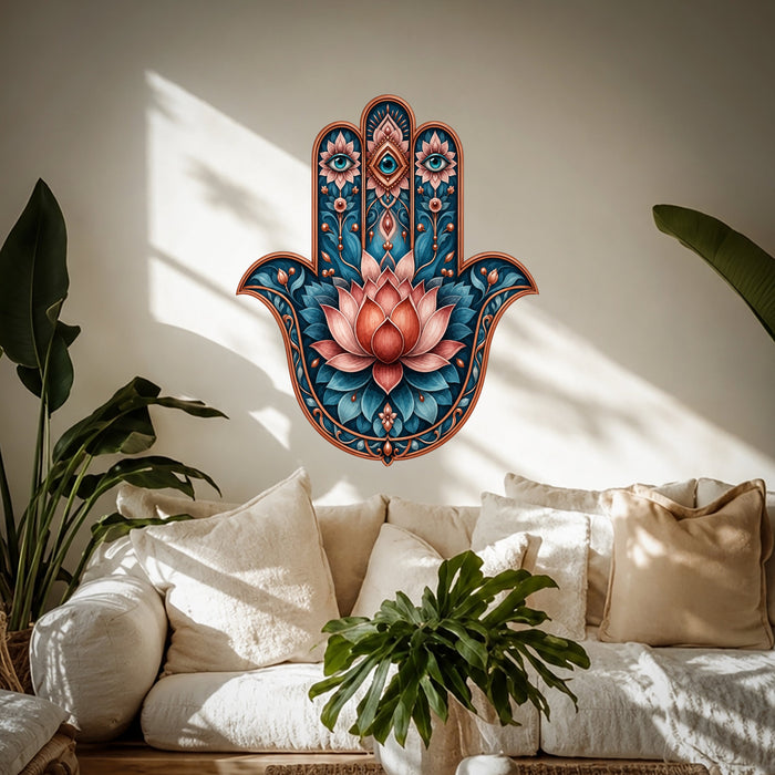 Hamsa hand and lotus flower wall decal shown in a boho interior 01 room interior.
