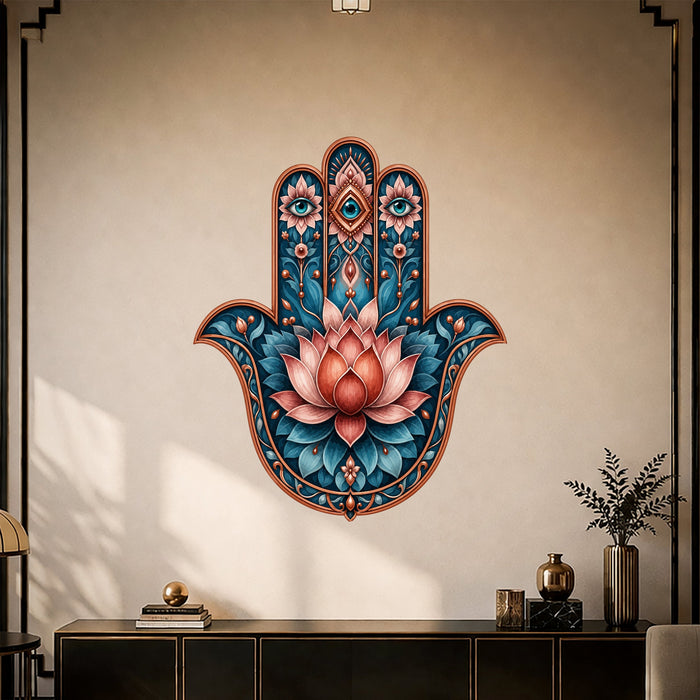 Hamsa hand and lotus flower wall decal shown in a art deco 01 room interior.