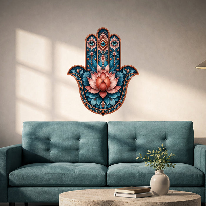 Hamsa hand and lotus flower wall decal shown in a mid century modern 061 room interior.