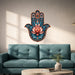 Hamsa hand and lotus flower wall decal shown in a mid century modern 061 room interior.