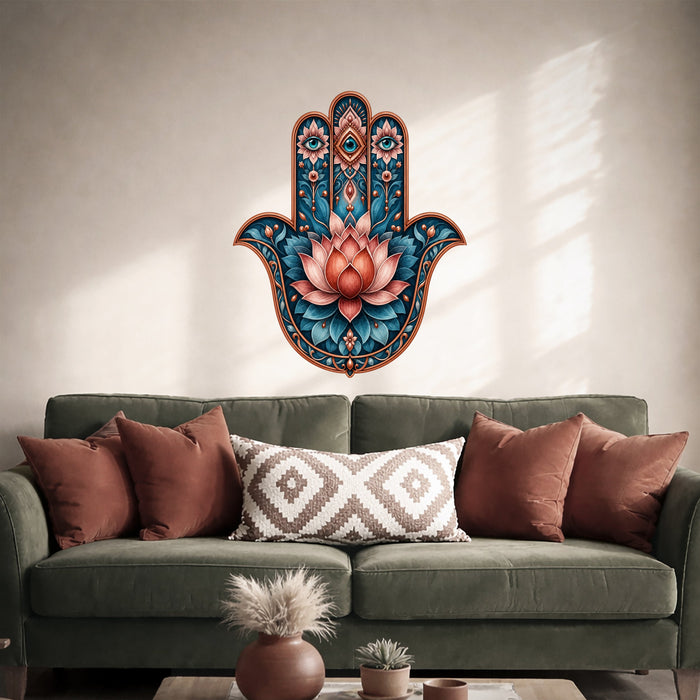 Hamsa hand and lotus flower wall decal shown in a scandinavian interior 04 room interior.