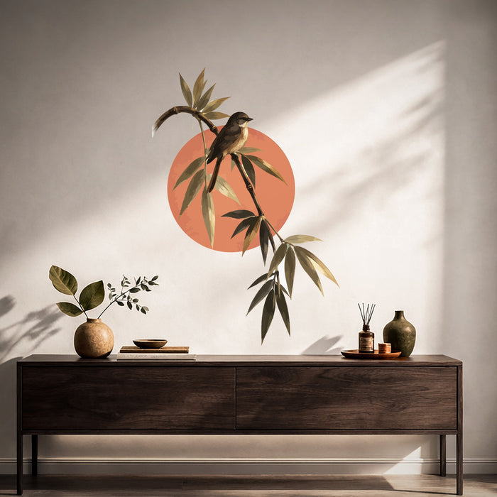 Songbird on bamboo branch wall decal shown in a japandi hall 01 room interior.
