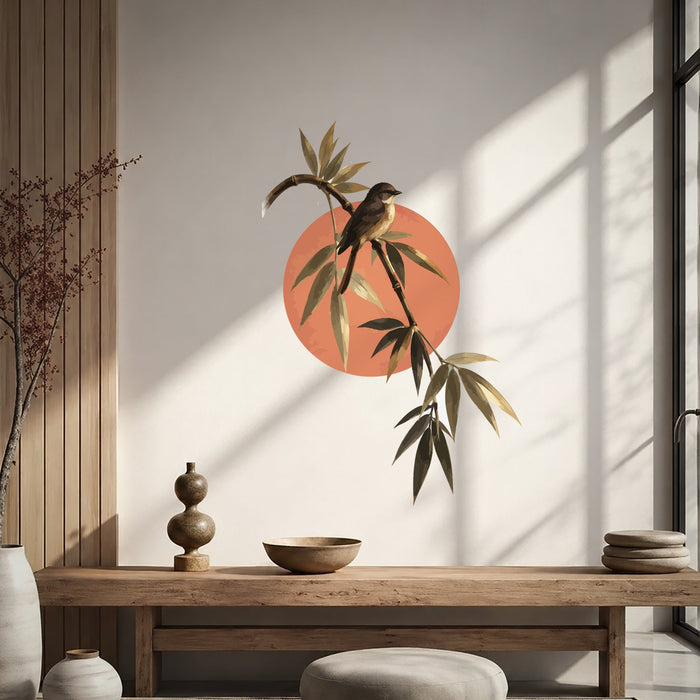 Songbird on bamboo branch wall decal shown in a japandi living room 03 room interior.