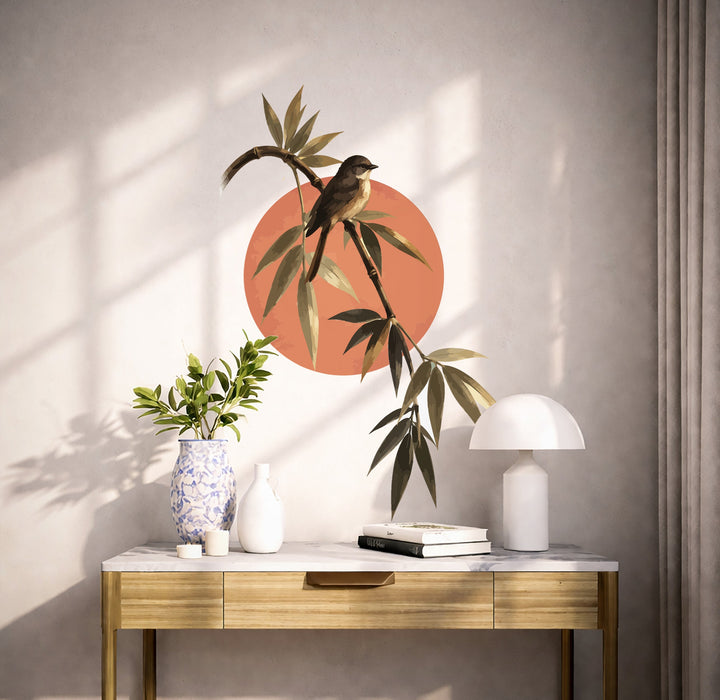 Songbird on bamboo branch wall decal shown in a scandinavian interior 02 room interior.