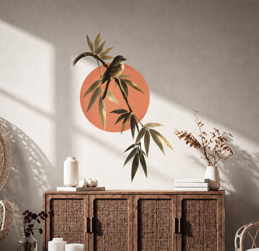 Songbird on bamboo branch wall decal shown in a boho interior 03 room interior.