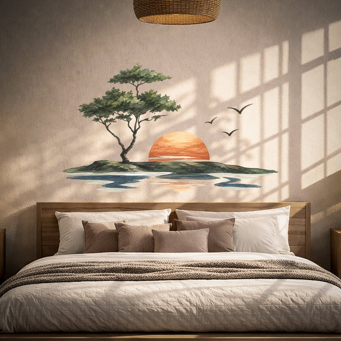 Sunset island shoreline landscape wall decal shown in a japandi bedroom 01 room interior.