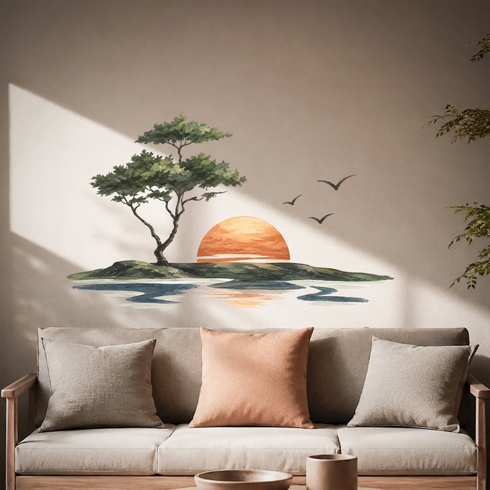 Sunset island shoreline landscape wall decal shown in a japandi living room 04 room interior.