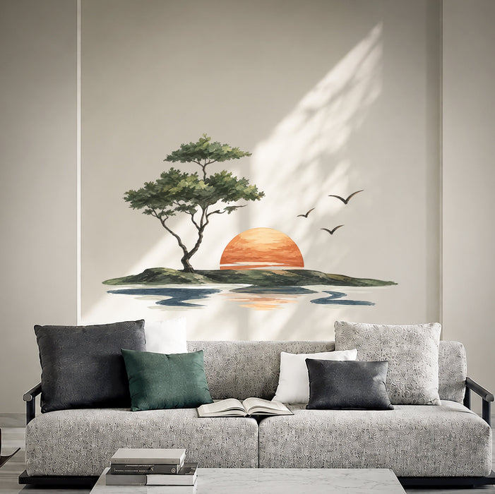 Sunset island shoreline landscape wall decal shown in a contemporary interior 03 room interior.
