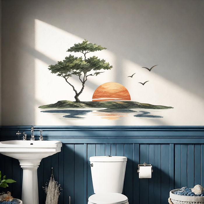 Sunset island shoreline landscape wall decal shown in a coastal 02 room interior.