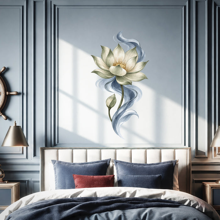 White lotus flower with flowing blue petals wall decal shown in a coastal 03 room interior.