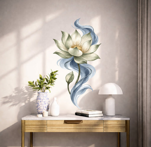 White lotus flower with flowing blue petals wall decal shown in a scandinavian interior 02 room interior.