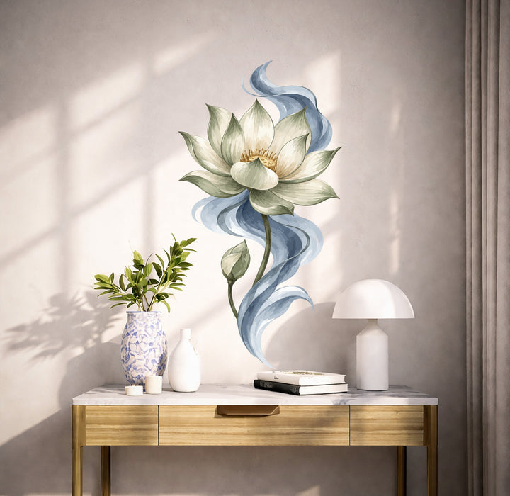 White lotus flower with flowing blue petals wall decal shown in a scandinavian interior 02 room interior.
